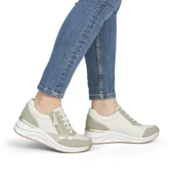 Remonte White and Sage Wide Fit Wedge Trainer|D0T0182