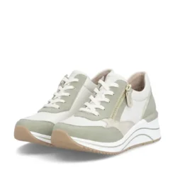 Remonte White and Sage Wide Fit Wedge Trainer|D0T0182